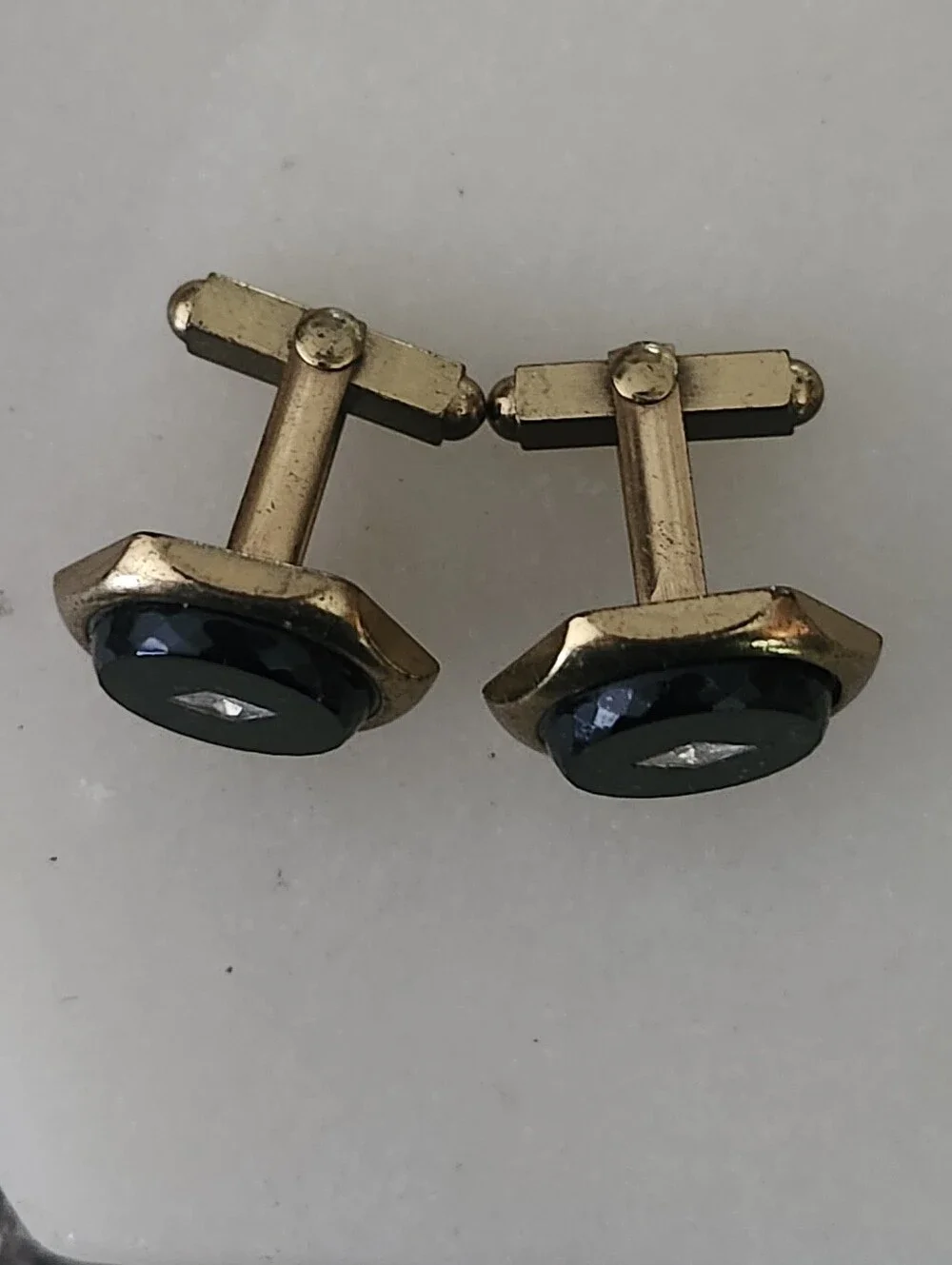 Vintage Gold Tone Black Onyx Hex Cufflinks